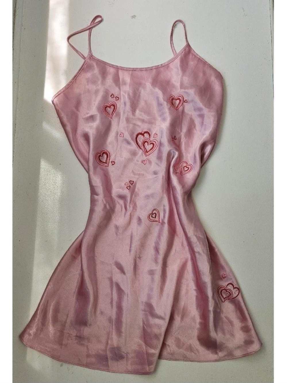 Pink Satin Heart-Embroidered Slip Dress